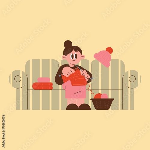 Person Enjoying a Relaxing Knitting Hobby on the Couch. Simple style illustration.