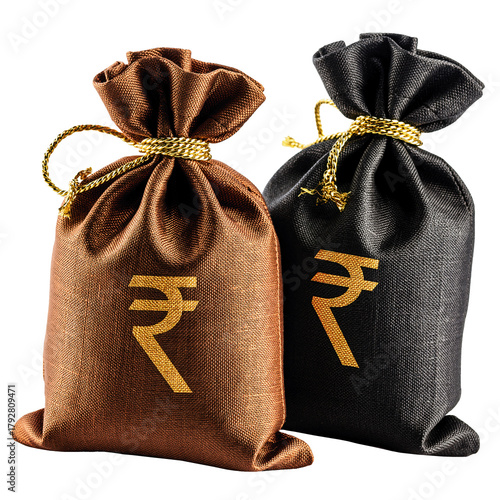 Two fabric money bags, one brown and one black, with golden rupee symbols and decorative cords, isolated on white background. Concept for savings, investment, or finance.