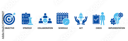 Action plan icon set In Blue Style vector illustration for objective, strategy, collaboration, schedule, act, launch, check, and implementation