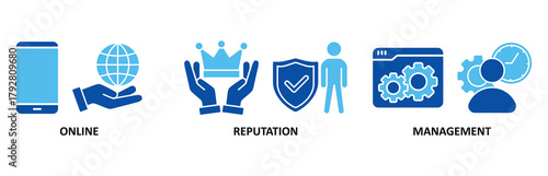 ORM icon set In Blue Style vector illustration for online reputation management with icon of internet, browser, winner, trust, favorite, and business