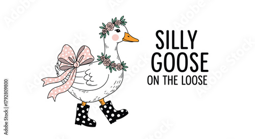 Cute cartoon goose wearing a floral crown and pink polka dot bow, with matching rain boots.