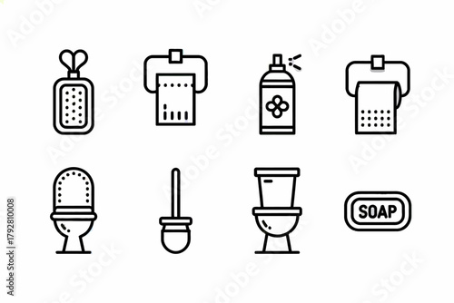 Minimalist Bathroom Icon Set Depicting Essential Items for Hygiene and Personal Care with Simple Line Art