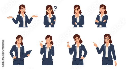 Set of illustrations of a businesswoman in various poses and gestures.