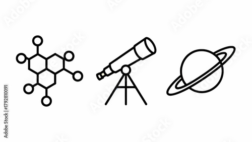 Illustrative Set of Science Icons Chemistry Telescope and Planet in Black and White for Educational Designs
