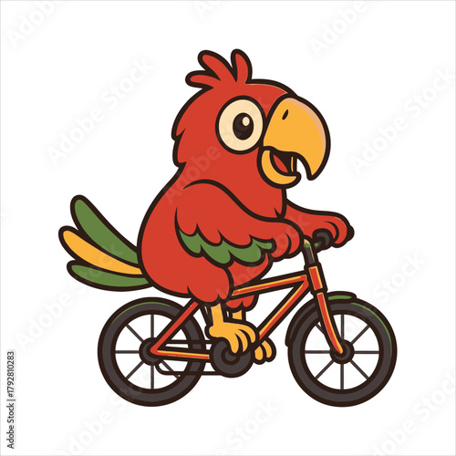 Whimsical cartoon parrot enthusiastically pedals a vibrant bicycle, showcasing a fun and playful mode of transport for a feathered friend