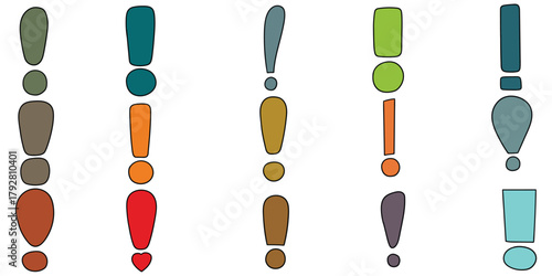 Hand-drawn cartoon set of colored exclamation marks on a white background.