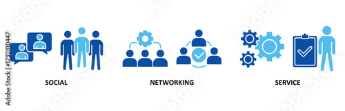 SNS icon set In Blue Style vector illustration for social networking service with icon of communication, chat, community, internet, and user
