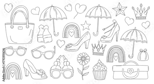 Outline illustration of various fashion and decorative items on a white background.