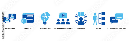 Meeting icon set In Blue Style vector illustration for business meeting and discussion with communications, topics, solutions, plan, inform and video conference icon