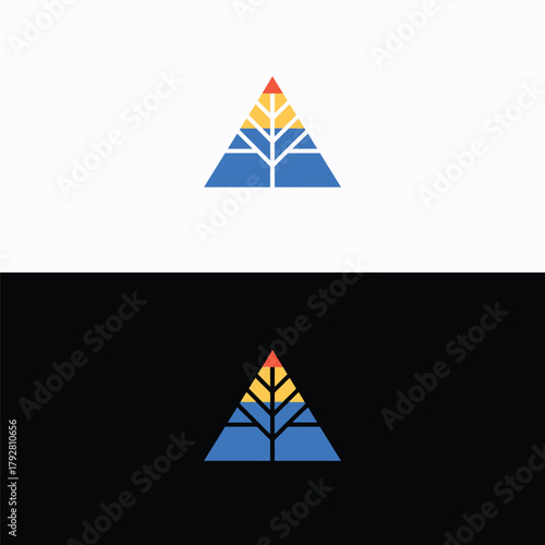 A striking logo design featuring a stylized tree within a triangle, set against both a pristine white and a bold black background, representing growth, stability, and harmony