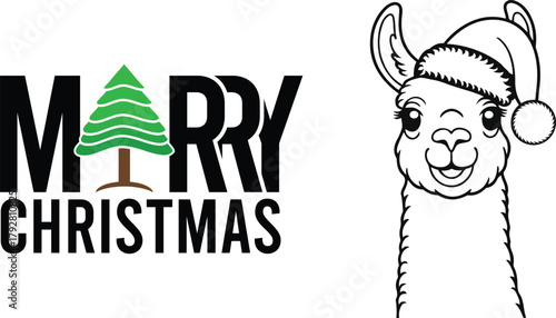 Merry christmas text with a cute llama wearing a santa hat outline