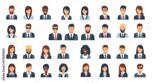 Diverse collection of professional avatar icons representing men and women in business attire.