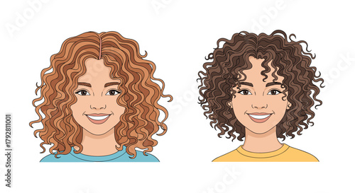Two young women with different curly hairstyles and clothing colors smiling.