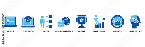Resume icon set In Blue Style vector illustration for profile, education, skills, work experience, career, achievement, awards, core values