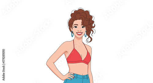 Young woman in a red bikini top and blue jeans, posing with her hand on her hip.