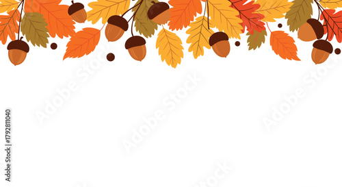 Autumn border with acorns and colorful fall leaves.