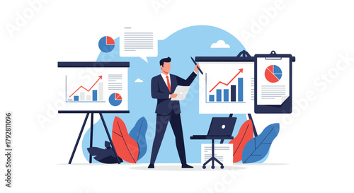 Businessman presenting financial growth charts and data at a business meeting.