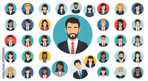 Diverse group of professional avatars representing people in business, diversity, and team concepts.