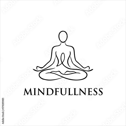 Minimalist line art logo of a person meditating in lotus position with the word Mindfullness, perfect for yoga, meditation, wellness, and balance concepts