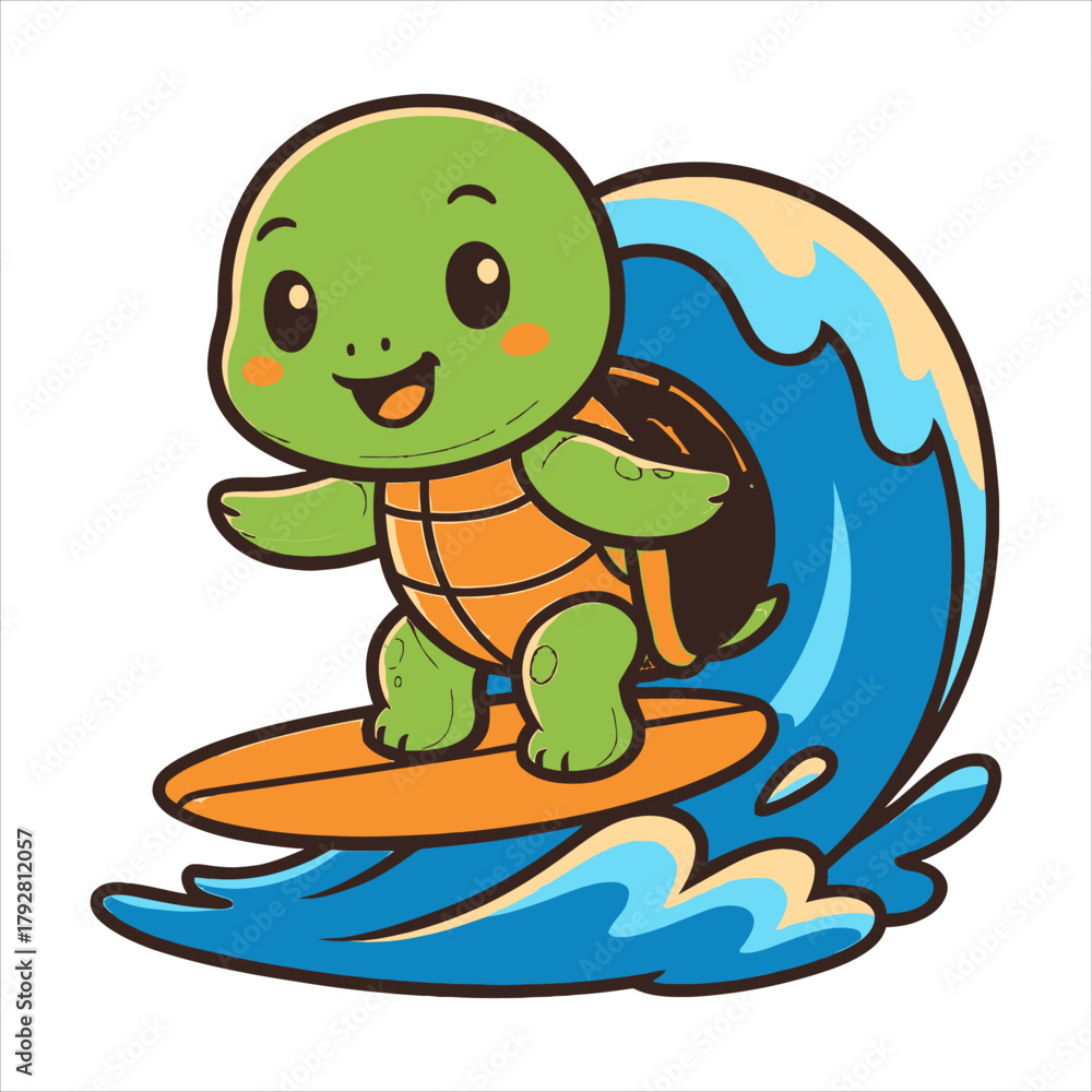 Fototapeta premium Cheerful Cartoon Turtle Surfing a Blue Wave with Orange Surfboard.