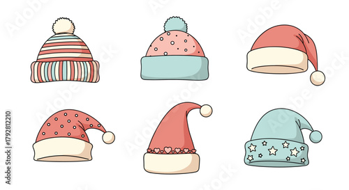 Collection of six cartoon-style hats with playful patterns and pom-poms.