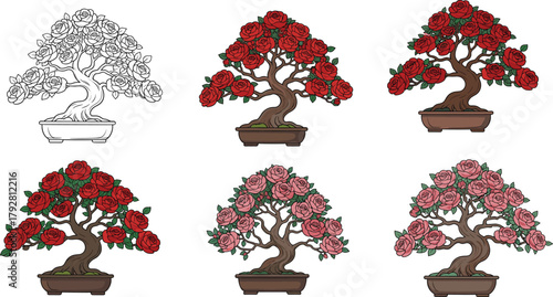 Beautiful Rose Bonsai Tree Collection, Red and Pink Flower Pot Plant Illustration for Nature Decor Art