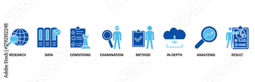Case study icon set In Blue Style vector illustration for research, data, conditions, examination, method, in-depth, analyzing, and result