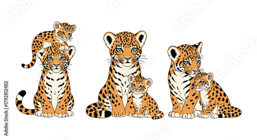 Three sets of adorable cartoon jaguars, including mothers and cubs, in various playful poses.