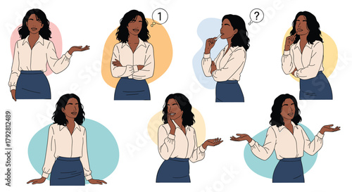 Collection of illustrations depicting a woman in business attire in various thoughtful poses and gestures.