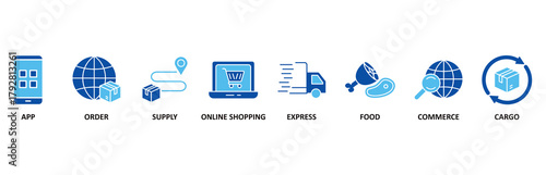 Delivery service icon set In Blue Style vector illustration for app, order, online shopping, supply, fast, food, commerce, and cargo