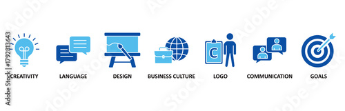 Corporate identiy icon set In Blue Style vector illustration for creativity, language, design, business culture, logo, communication and goals