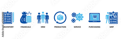 ERP icon set In Blue Style vector illustration for enterprise resource planning with icon of inventory, financials, hrm, production, service, purchasing, and mrp