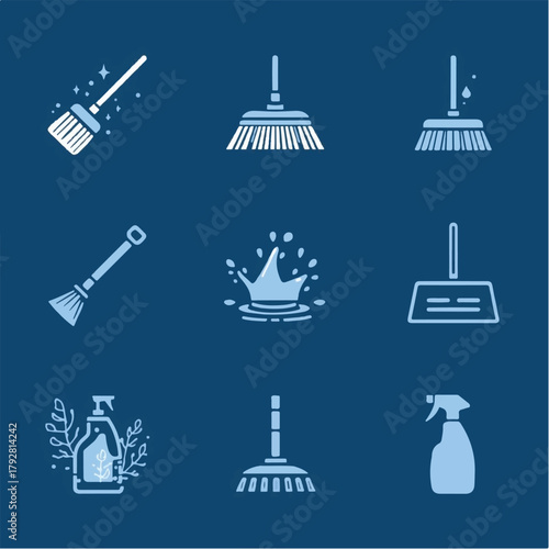 Cleaning service icons set with outline style, flat style cleaning icons