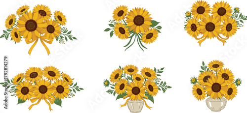 Beautiful sunflower bouquets with yellow ribbons and vases, perfect for floral decor, weddings, nature, and gifts