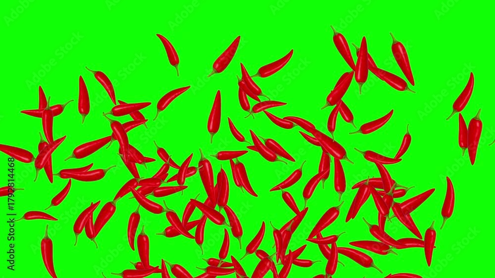 Fresh red chillies fountain stream motion graphics with green screen background
