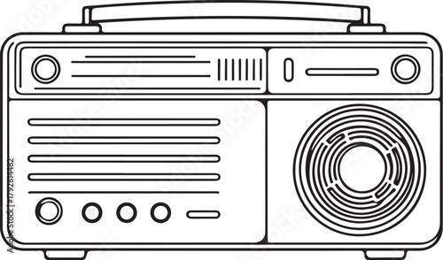 Radio Hand-drawn Sketch Drawing Vector Illustration, Line Linear Symbol Engraving Coloring Book, Black and White Isolated