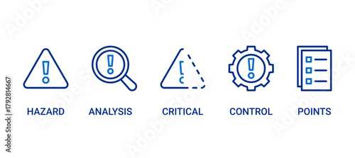 HACCP icon set containing hazard, analysis, critical, control and points vector icons. 