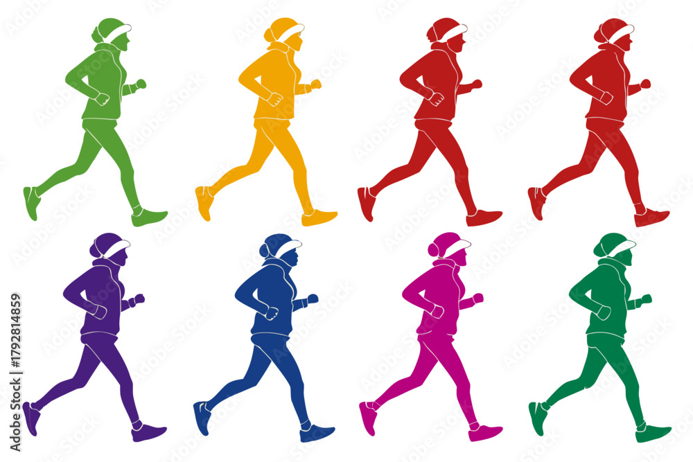 Fototapeta premium set of Person running in winter silhouette isolated on white background