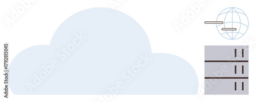 Large cloud shape, server rack stack, and globe with network lines symbolizing data storage, global access, and digital network solutions. Ideal for technology, connectivity, networking, internet IT