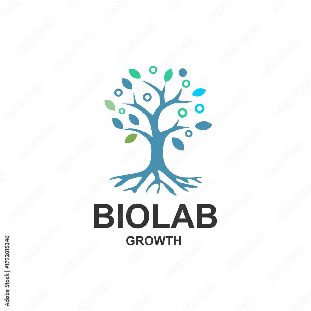 Obraz premium Modern biolab logo design featuring a tree with roots and molecular elements in blue and green, symbolizing growth, science, nature, biotechnology, and innovation