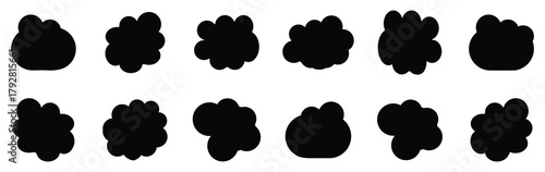 Cloud icon. Vector set of black cloud icons in flat style, ideal for weather apps. Modern cloud icon and signage graphic. Fluffy clouds silhouettes. Collection of various forms