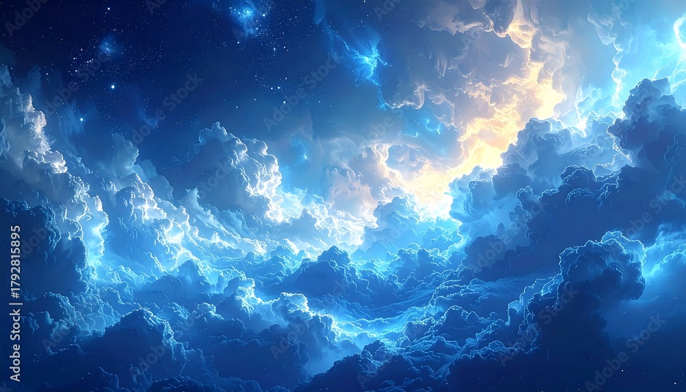 Obraz premium Fluffy cumulus clouds billow under a nighttime sky illuminated by light, with star-like dots scattered above