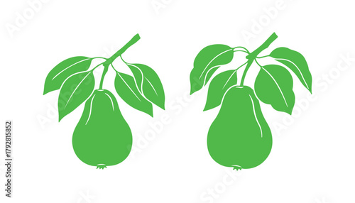 A pear hanging on a branch with leaves. A duo of sketch clipart. Hand-drawn silhouette graphic. Simple black illustration for farm packaging. Botanical print, poster, or tattoo. 