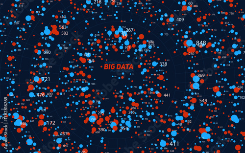Round big data information visualization. Social network, financial analysis of complex databases. Visual information complexity clarification. Intricate data technology