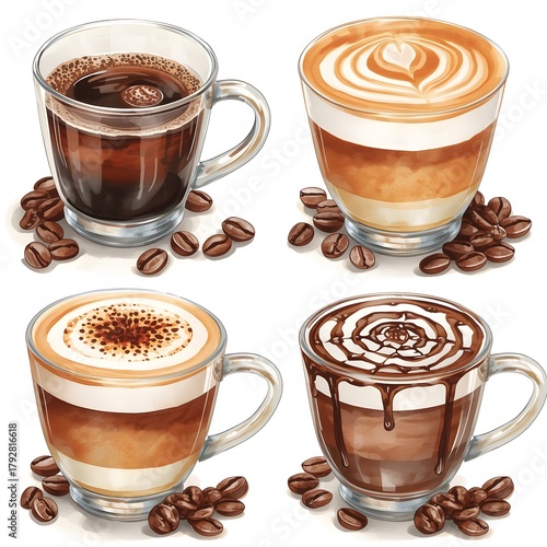 Four Watercolor Coffee Mugs with Beans