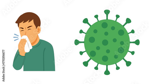 Person Sneezing with Tissue Next to a Virus Icon Vector Illustration for Cold, Flu, and Contagious Illness Prevention