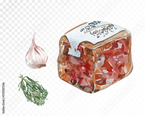 Watercolor illustration of diced meat aspic with herbs, garlic and seasoning, rustic traditional food art for cooking blogs, recipe designs, menu elements and culinary branding, vector illustration