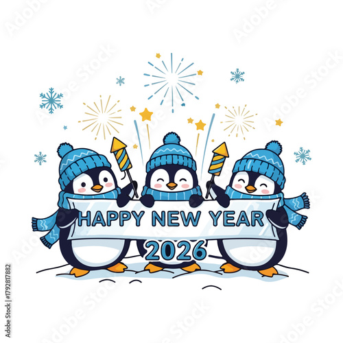 Three penguins wishing happy new year 2026 holding banner in winter landscape.