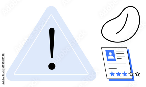 Exclamation inside triangle, abstract shape, and resume with star rating. Ideal for risk, recruitment, alerts, evaluation, safety feedback simplicity. Clear minimal flat metaphor