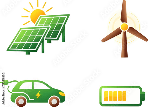Detailed vector set of renewable energy sources (solar, wind) and an electric vehicle, emphasizing eco-friendly solutions.